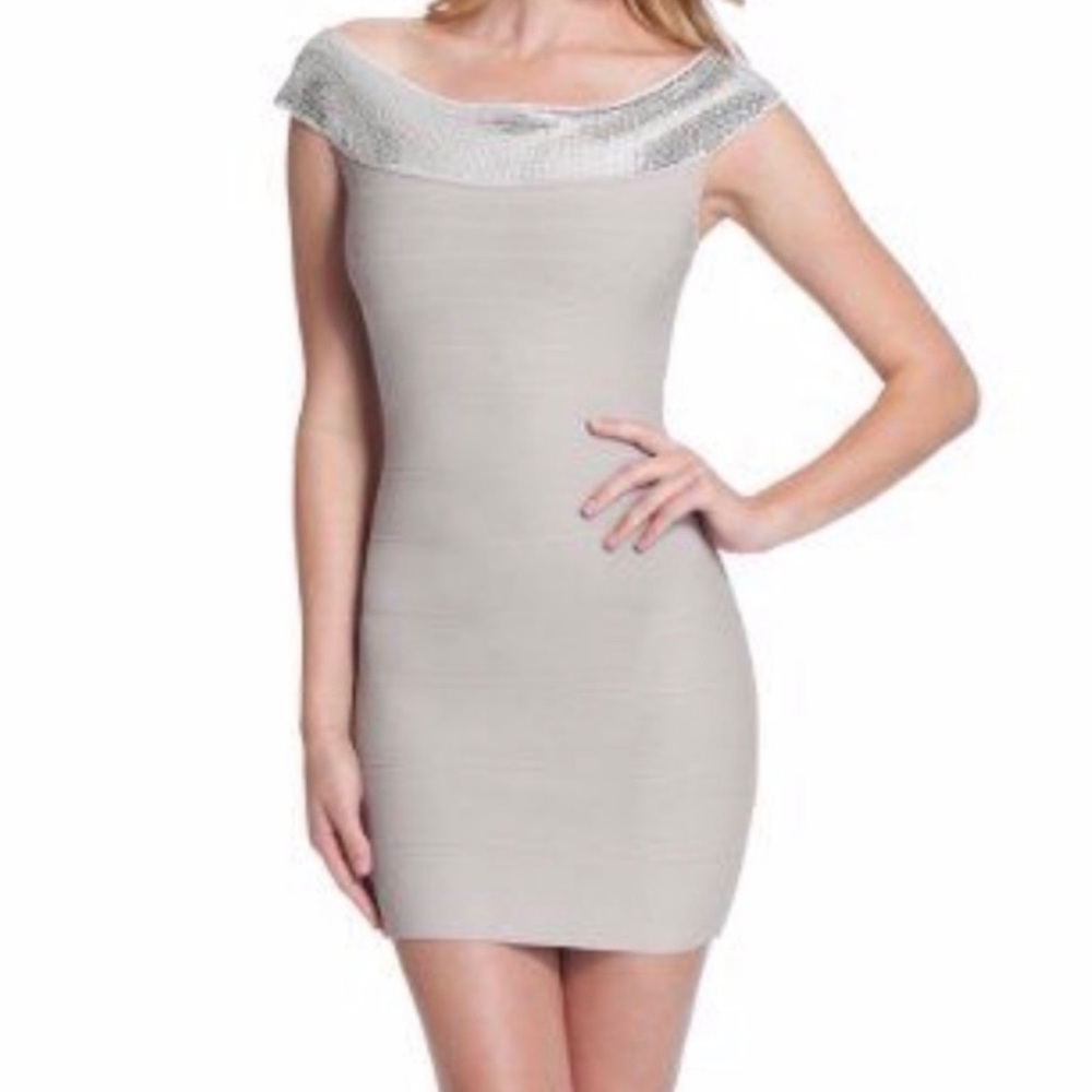 Guess Y2K‎ Bandage Silver Sequin Off-Shoulder Form Fitting Bodycon Dress